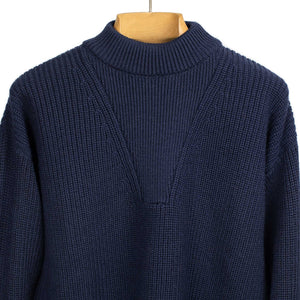 Thunderbolt ribbed crewneck sweater in navy blue wool, cashmere and silk