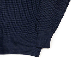 Thunderbolt ribbed crewneck sweater in navy blue wool, cashmere and silk