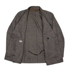 Unstructured double-breasted jacket in dark brown and taupe wool herringbone