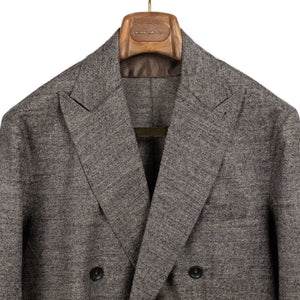 Unstructured double-breasted jacket in dark brown and taupe wool herringbone