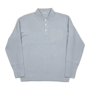 Molded knit long sleeve polo in micro-honeycomb light blue melange wool