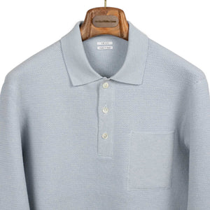 Molded knit long sleeve polo in micro-honeycomb light blue melange wool