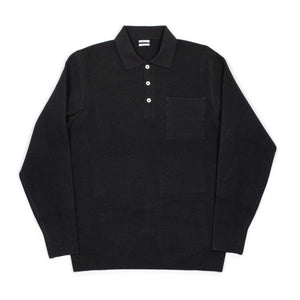 Molded knit long sleeve polo in micro-honeycomb black melange wool