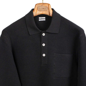 Molded knit long sleeve polo in micro-honeycomb black melange wool