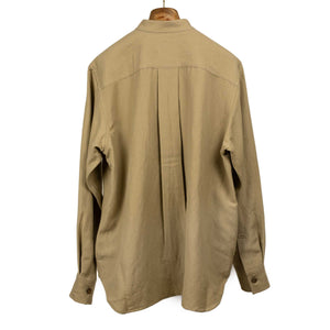 Oversized stand collar shirt jacket in camel color soft wool and linen oxford