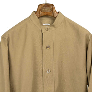 Oversized stand collar shirt jacket in camel color soft wool and linen oxford