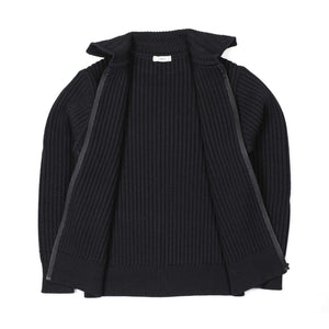 Fujito FW25 Zippered collared cardigan in rib knit black wool – No