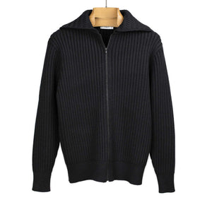 Fujito FW25 Zippered collared cardigan in rib knit black wool – No
