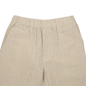 Easy pants in beige and white striped cotton linen seersucker