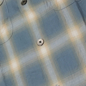 Open collar shirt in slate blue & beige shadow plaid cotton rayon twill
