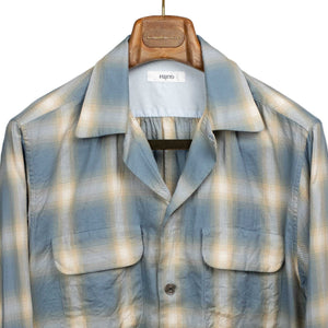 Open collar shirt in slate blue & beige shadow plaid cotton rayon twill