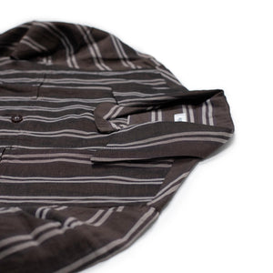 Fujito SS26 Open collar shirt in brown stripe cupro, linen, and
