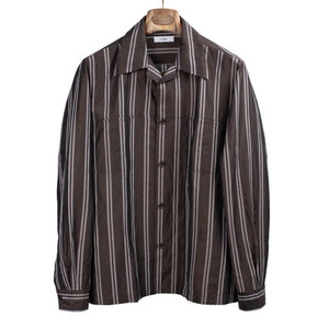 Fujito SS26 Open collar shirt in brown stripe cupro, linen, and