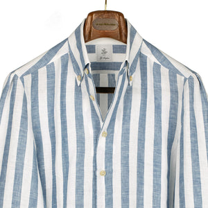 Blue wide stripe linen shirt with Anacapri buttoned one-piece collar (restock)