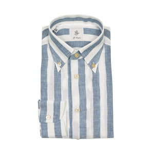 Blue wide stripe linen shirt with Anacapri buttoned one-piece collar (restock)