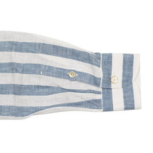 Blue wide stripe linen shirt with Anacapri buttoned one-piece collar (restock)