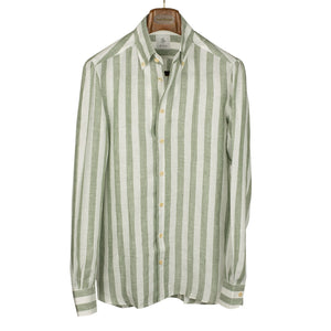 Green wide stripe linen shirt with Anacapri buttoned one-piece collar (restock)