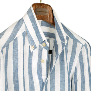 Blue wide stripe linen shirt with Anacapri buttoned one-piece collar (restock)