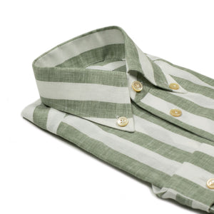 Green wide stripe linen shirt with Anacapri buttoned one-piece collar (restock)