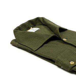 Long-sleeve polo shirt in green grenadine cotton, one-piece collar (restock)