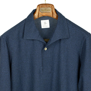 Long-sleeve polo shirt in navy melange grenadine cotton, one-piece collar (restock)