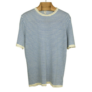 Knit short sleeve linen crew neck tee, blue with white stripes