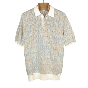 Knit short sleeve polo in cream, tobacco and blue retro diamond cotton (restock)