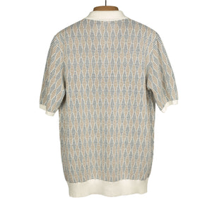 Knit short sleeve polo in cream, tobacco and blue retro diamond cotton (restock)