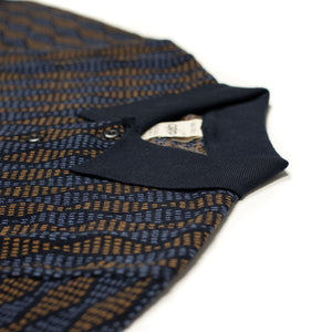 Knit short sleeve polo in tan and blue retro diamond cotton (restock)