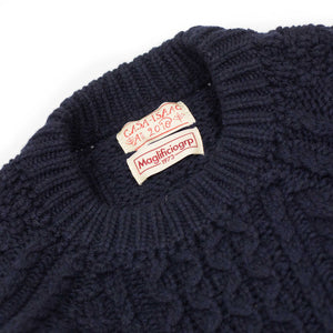 Cabled raglan sleeve crewneck in navy wool and cashmere