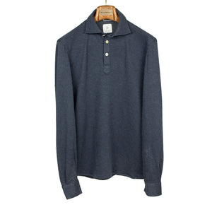 Long-sleeve polo shirt in navy double-face cotton cashmere (restock)