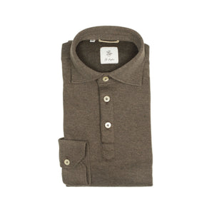 Long-sleeve polo shirt in brown double-face cotton cashmere (restock)