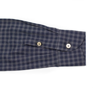 Buttoned collar shirt in navy and grey gingham cotton