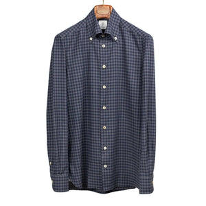 Buttoned collar shirt in navy and grey gingham cotton