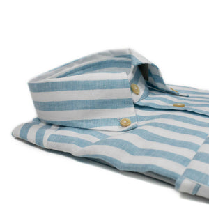 Buttoned collar shirt in teal striped linen oxford
