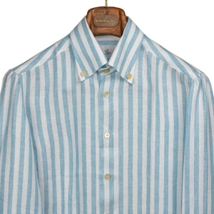 Buttoned collar shirt in teal striped linen oxford