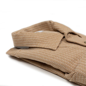 Long-sleeve polo shirt in beige grenadine cotton, one-piece collar (restock)