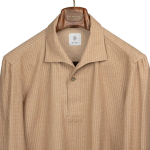 Long-sleeve polo shirt in beige grenadine cotton, one-piece collar (restock)