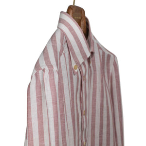 Marroon wide stripe linen shirt, Anacapri buttoned collar, buttoned one-piece collar