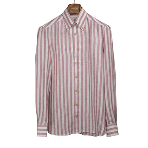 Marroon wide stripe linen shirt, Anacapri buttoned collar, buttoned one-piece collar