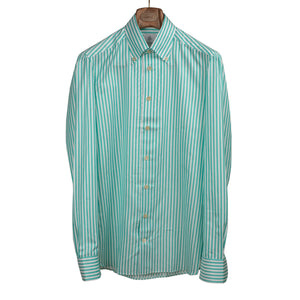 Tiffany green striped cotton shirt, Anacapri buttoned collar, beige MOP buttons