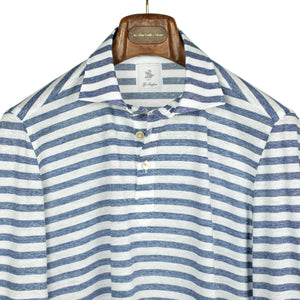 Long-sleeve polo shirt in blue horizontal bengal stripe cotton linen (restock)