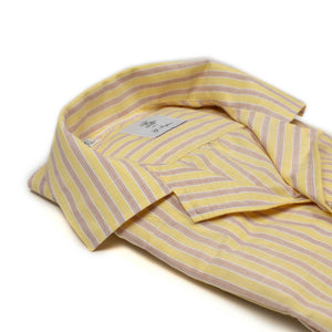 Camp collar short sleeve shirt in yellow cotton linen with red retro stripes