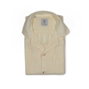 Camp collar short shirt sleeve shirt, ivory textured open-weave cotton
