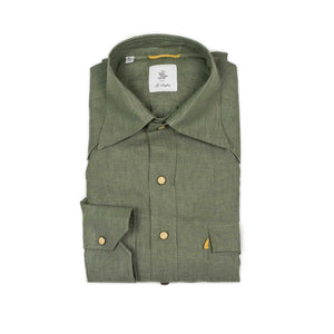 Western shirt in military green linen with matte ivory snaps