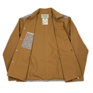 Chore jacket in handloomed diamond jacquard and tan cotton canvas