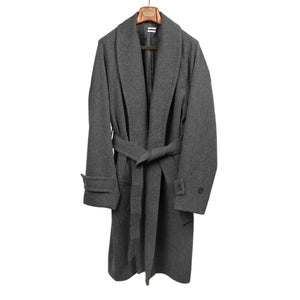 Belted robe coat in charcoal French wool hopsack