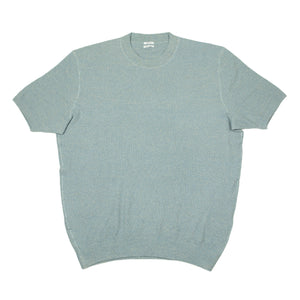 Molded short sleeve crewneck in pale blue linen and silk