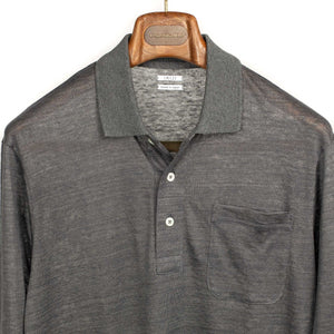 Long sleeve polo shirt in charcoal linen jersey