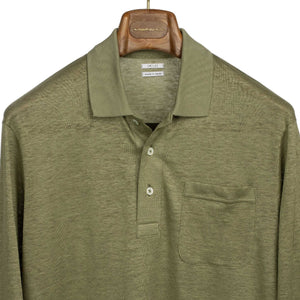 Long sleeve polo shirt in light olive linen jersey